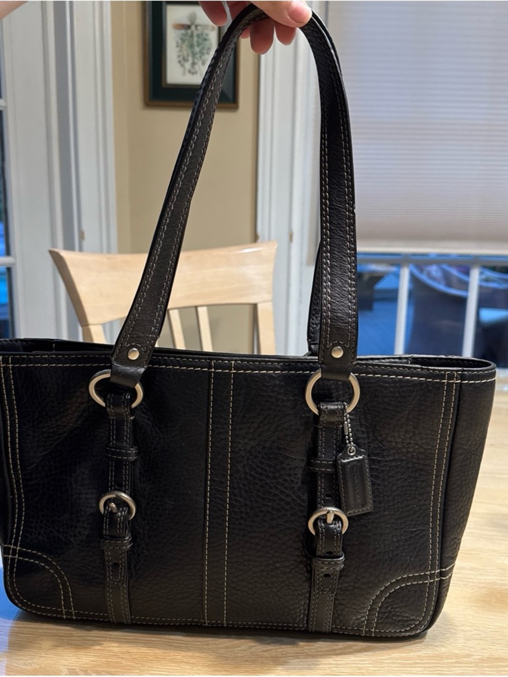 Coach Black Leather Shoulder Bag with White Stitching